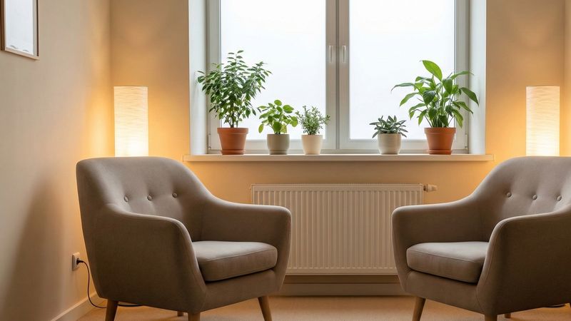 Ciepłe wnętrze gabinetu psychoterapeutycznego, dwa fotele, rośliny na parapecie