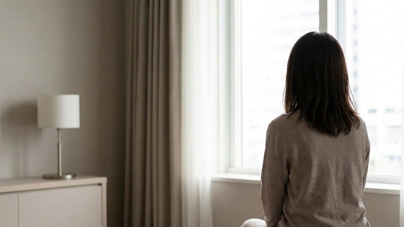 Osoba siedząca przy oknie w zamyśleniu, miękkie naturalne światło, spokojne wnętrze