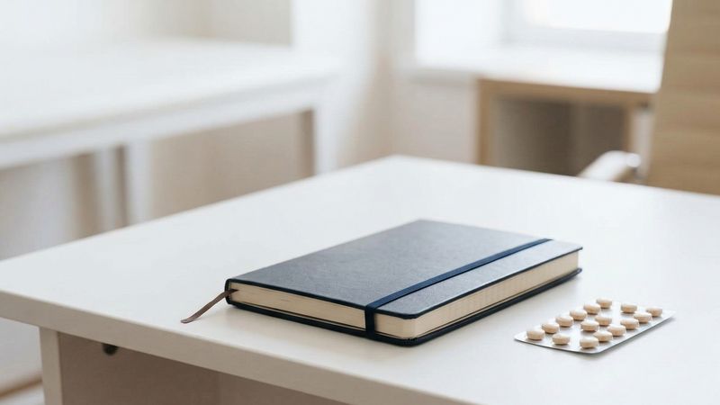Gabinet lekarski, blister tabletek na biurku obok notesu z zapiskami, stonowane kolory