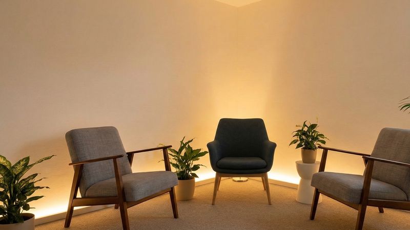Dwie osoby siedzące naprzeciwko terapeuty w przestronnym gabinecie, ciepłe oświetlenie