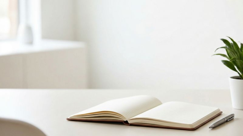 Notatnik i długopis na biurku terapeuty, jasne minimalistyczne wnętrze gabinetu